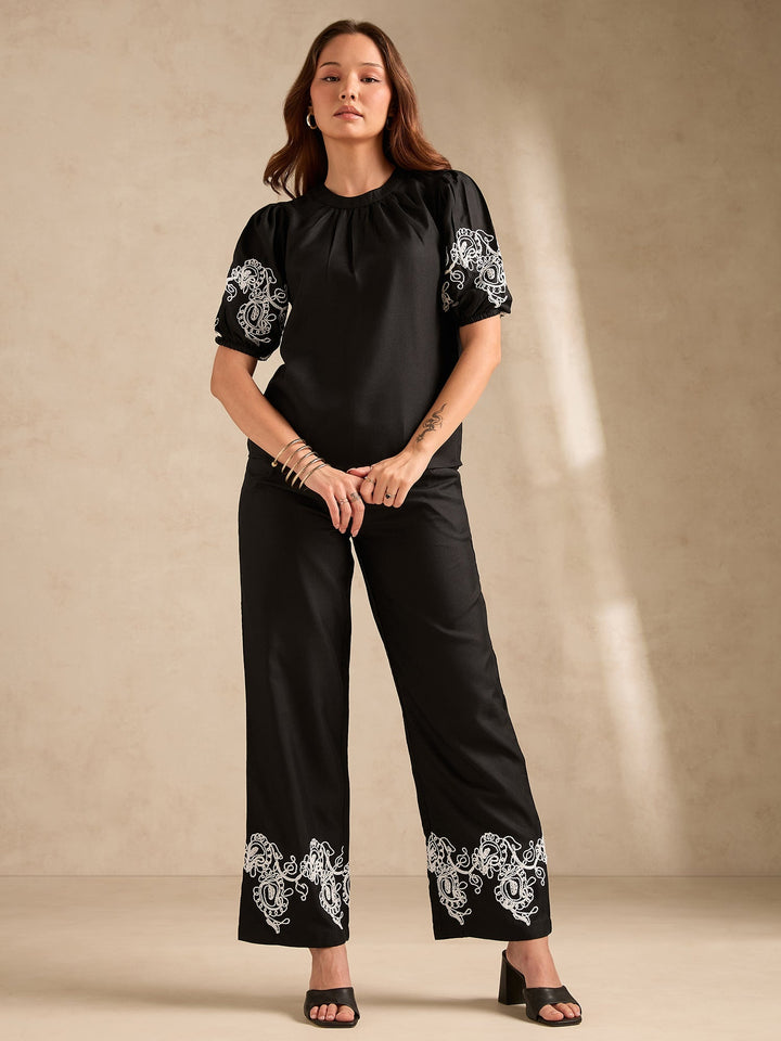 Black Co-Ord Set Embroidered Top With Straight Leg Trouser