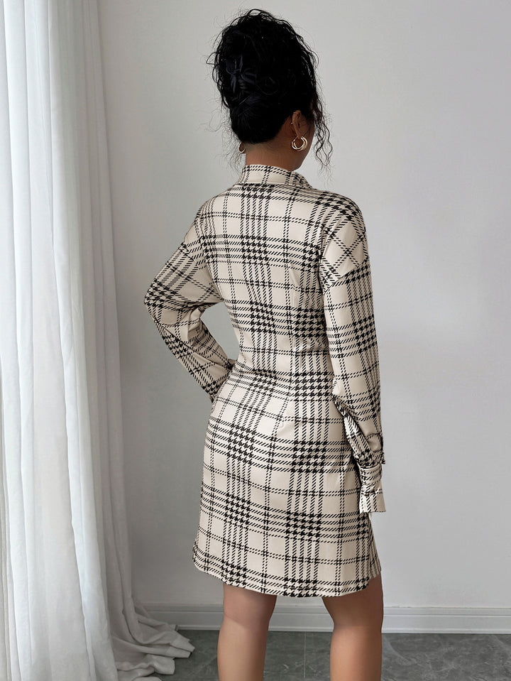 Off White Checkered Cinched Waist Dress