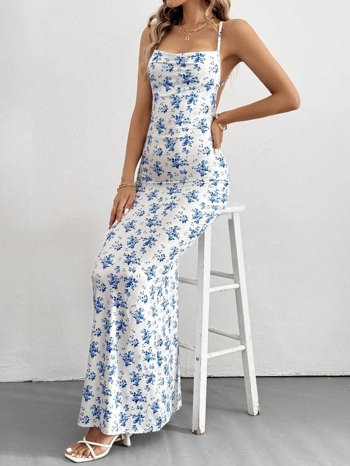 Green Printed Shoulder Strap Backless Dress