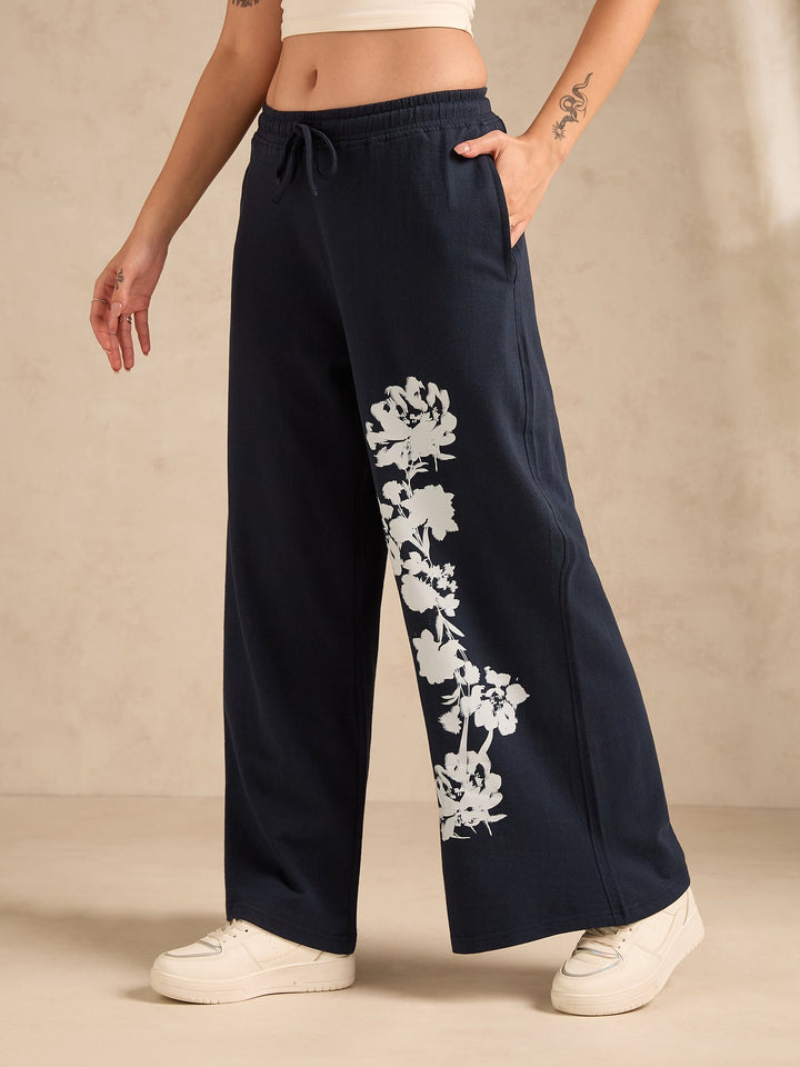 Navy Blue Cuffed Jogger With Side Graphic Print