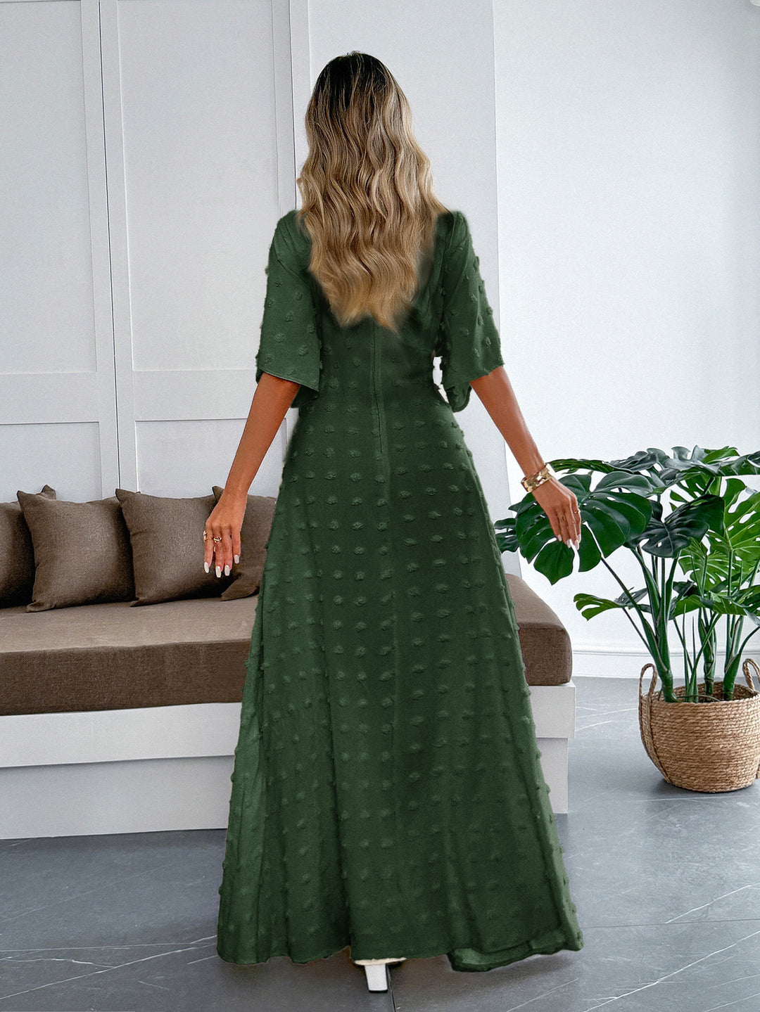 Olive Flare Sleeve V Neck Dress