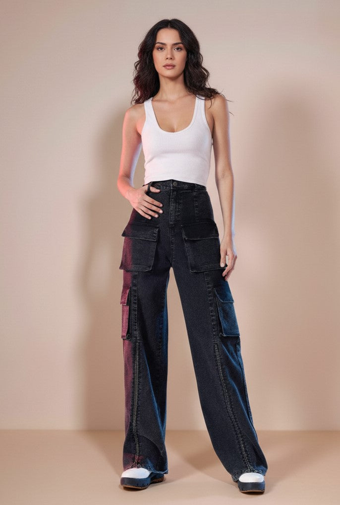 Black High Waist Cargo Pockets Jeans