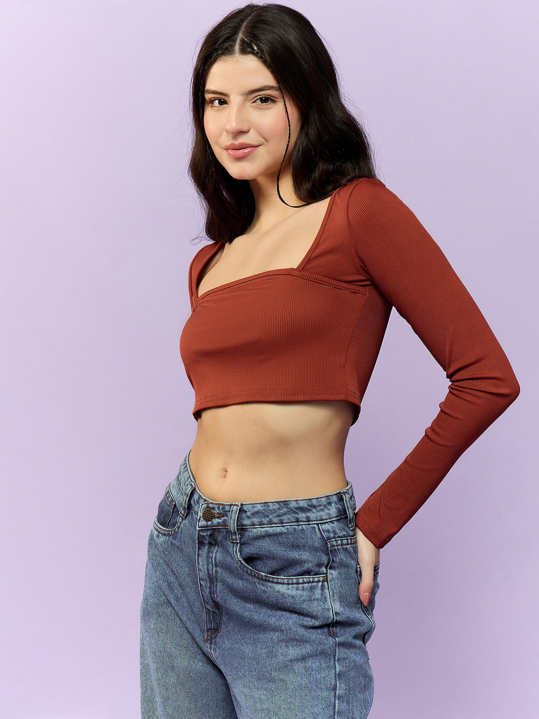 Solid Brown Square Neck CropTop