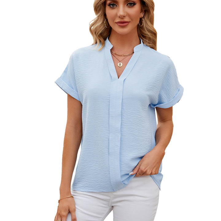 Light Blue Upfold Hem Mandarin Collar Front Button Top