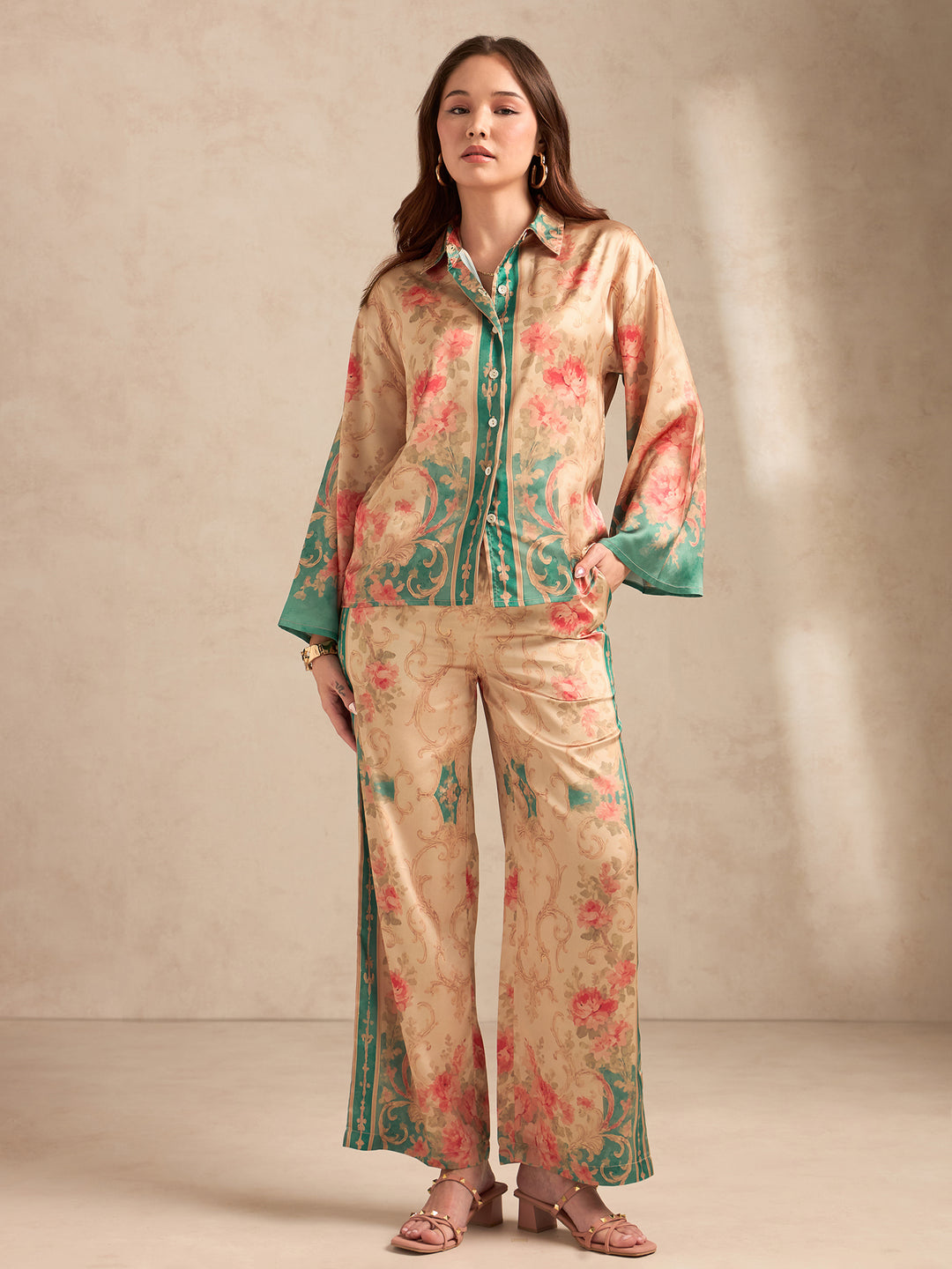 Peach Relax Fit Printed Satin Shirt With Wide Leg Trousers Set