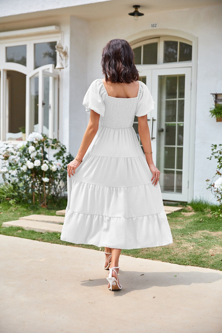 White Square Neck Puff Sleeved Tiered Dress