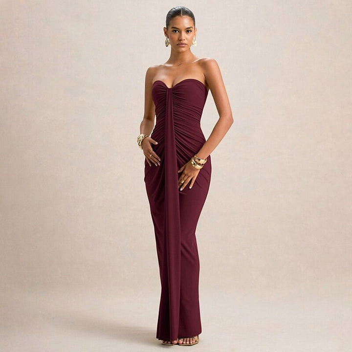 Wine Off Shoulder Sweetheart Neck Front Pleated Dress
