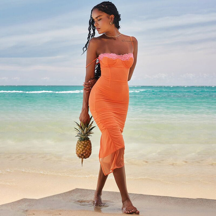 Orange Spaghetti Strap Lace Dress