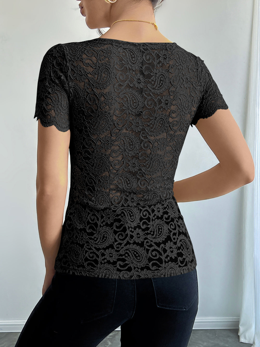 Black Short Sleeve Scallop Neck Top