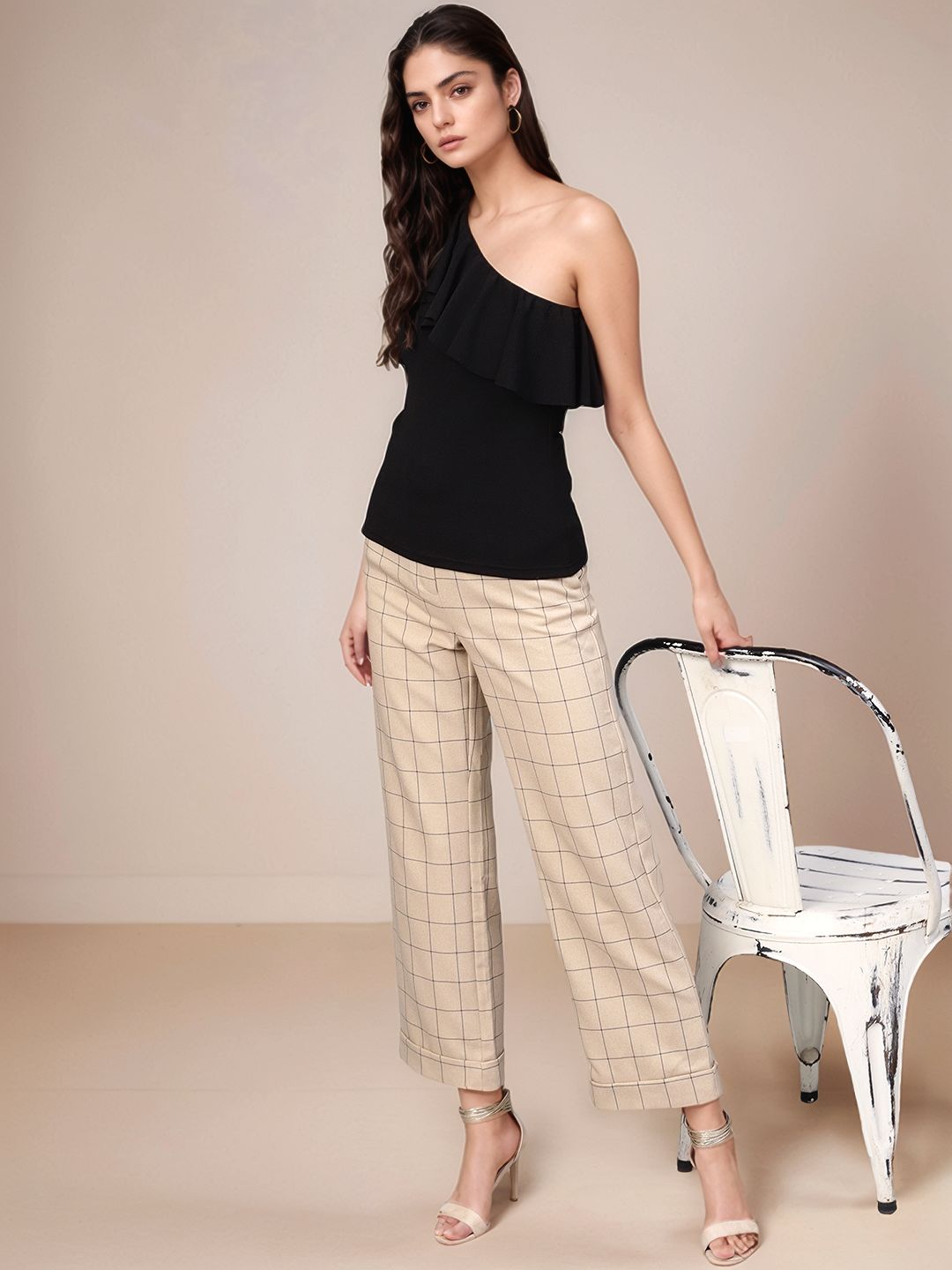 Black One Shoulder Ruffle Neckline Top