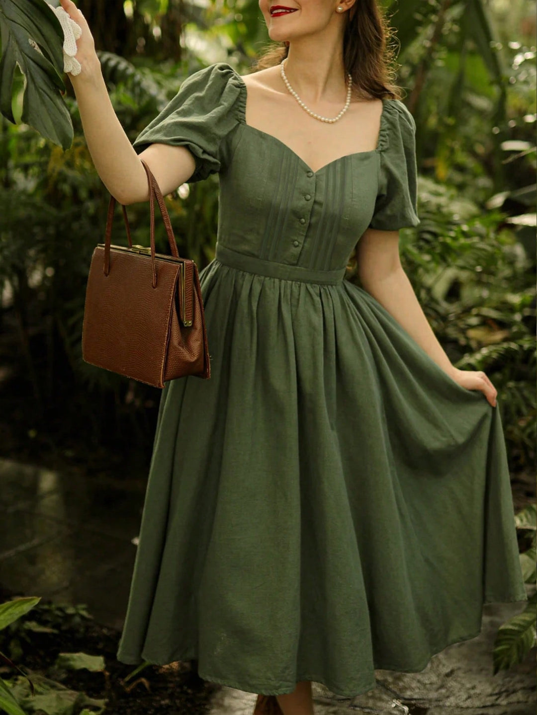 Olive Puff Sleeve Sweetheart Neck Dress