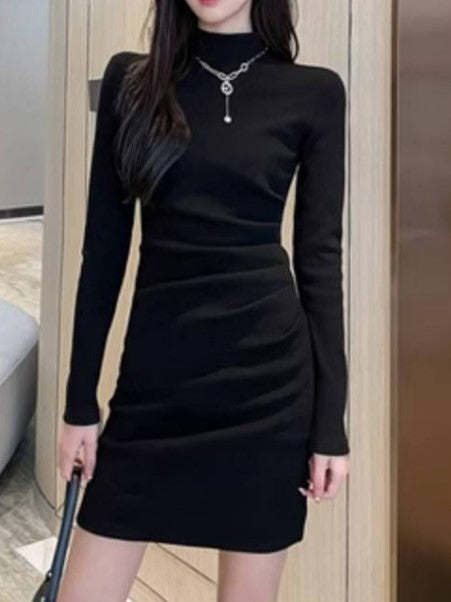 Black High Neck Side Ruched Mini Dress