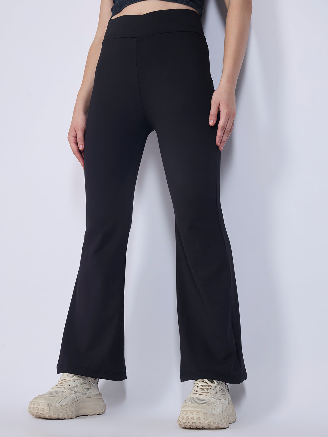 Black Criss Cross Waist Band Flared Leggigns