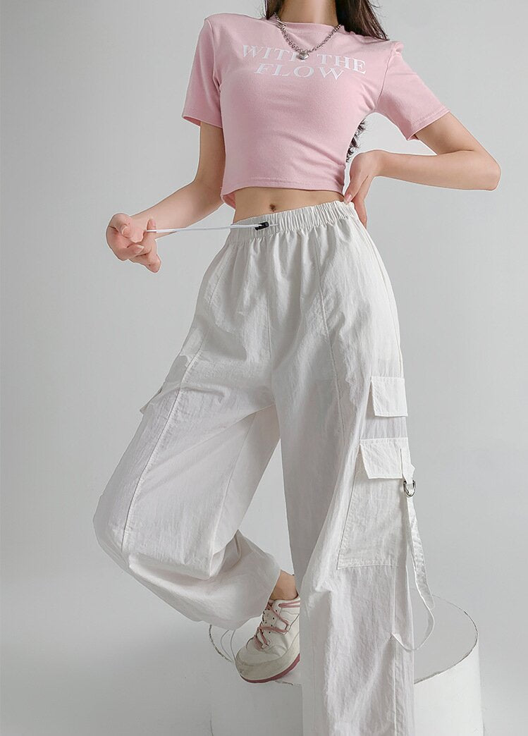 White Straight Fit Drawstring Parachute Cargo Pants
