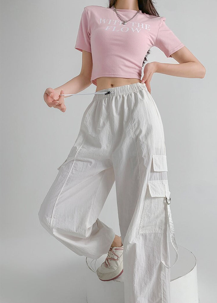 White Straight Fit Drawstring Parachute Cargo Pants
