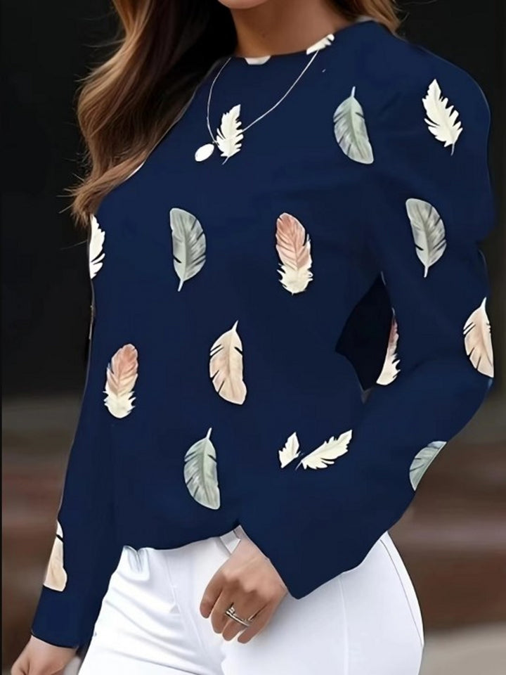 Navy Blue Printed Puff Sleeves Top