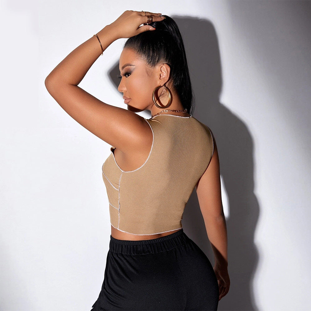 Khaki Sleeveless Contrast Seam Top