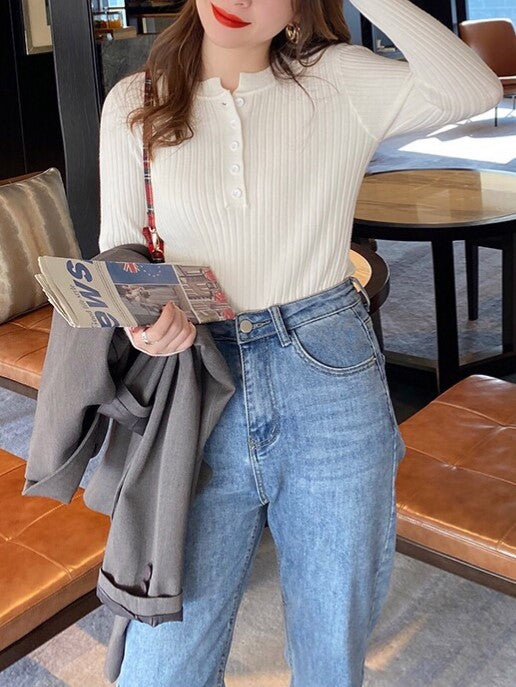 White Mandarin Collared Knit Top