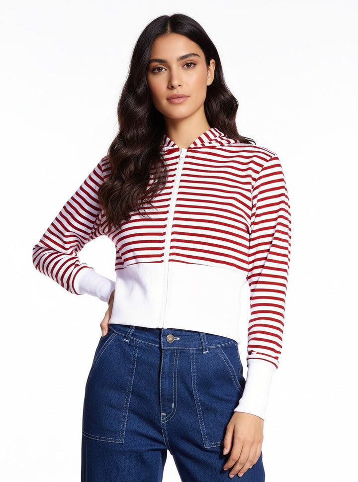 Red Full Sleeve Striped Hooded Jacket