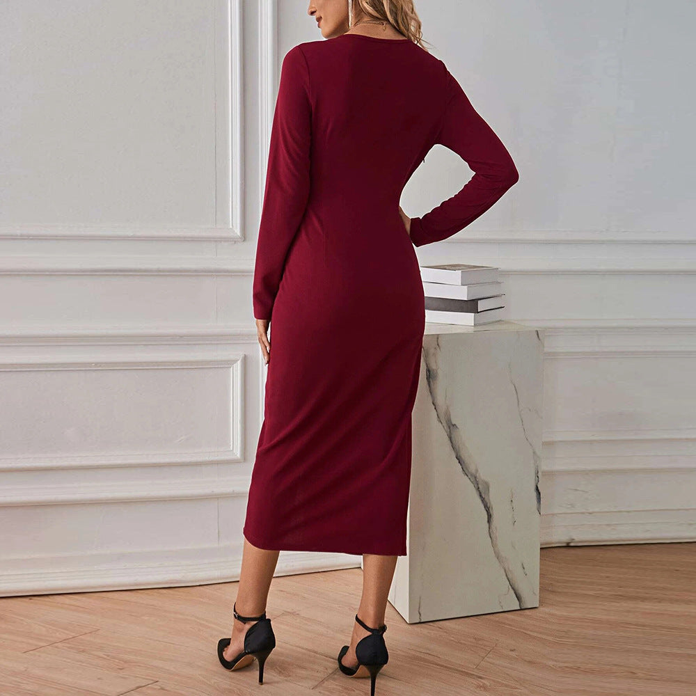 Wine Full Sleeve Front Twisted Dress