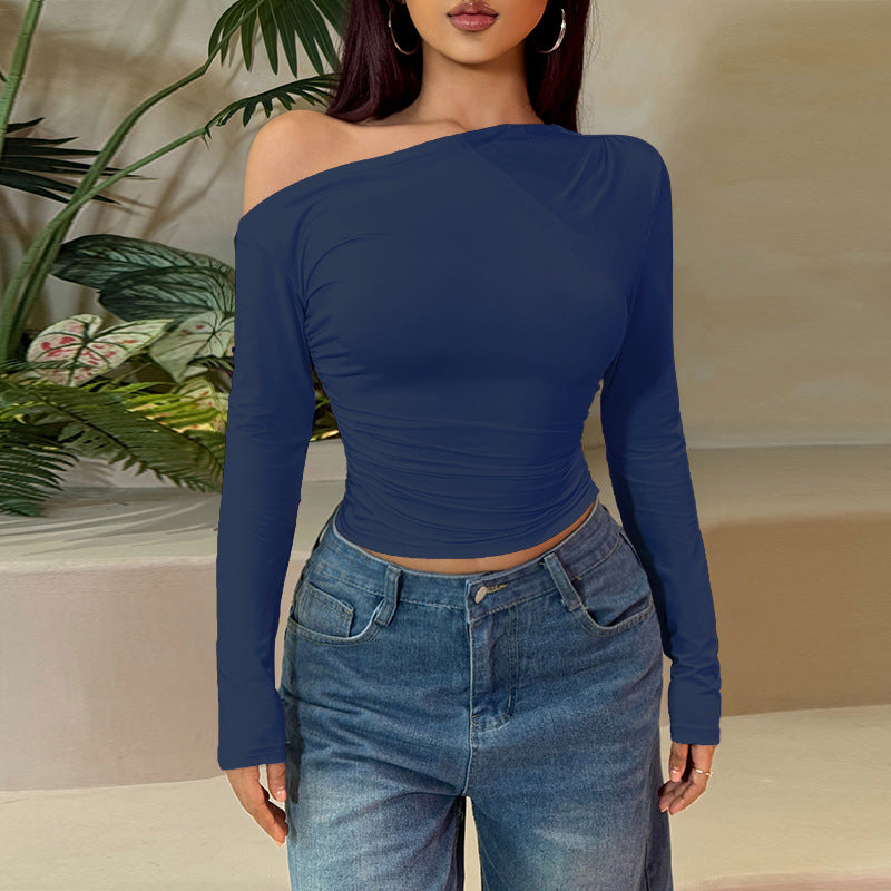 Navy Blue One Shoulder Full Sleeves Fitted Top
