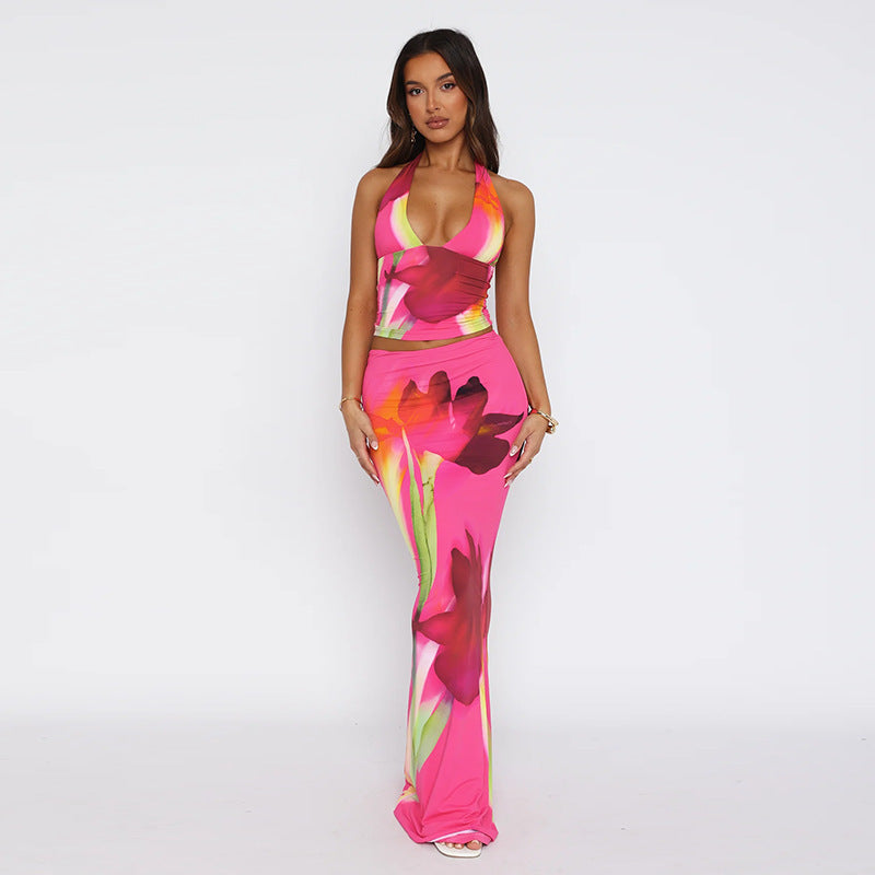 Rose Halter Neck Fitted Top With Skirt