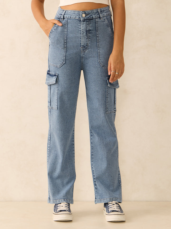 Blue Straight Leg High-Rise Cargos