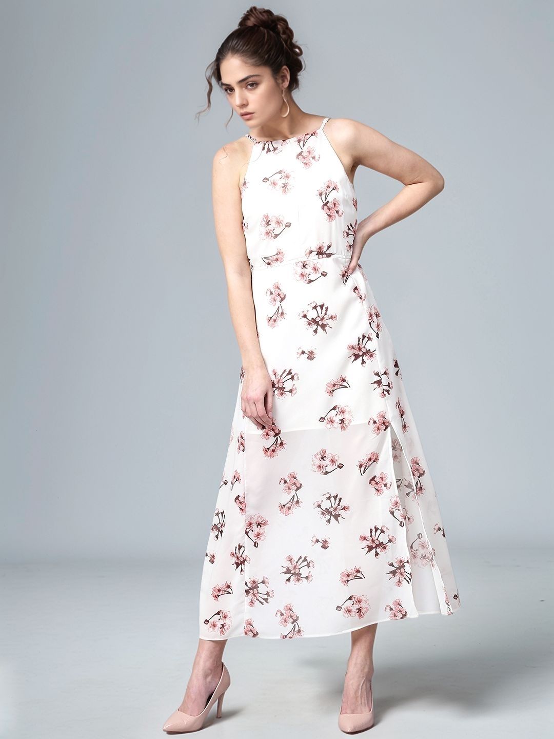 Pink Sleeveless Printed Crew Neck Dress