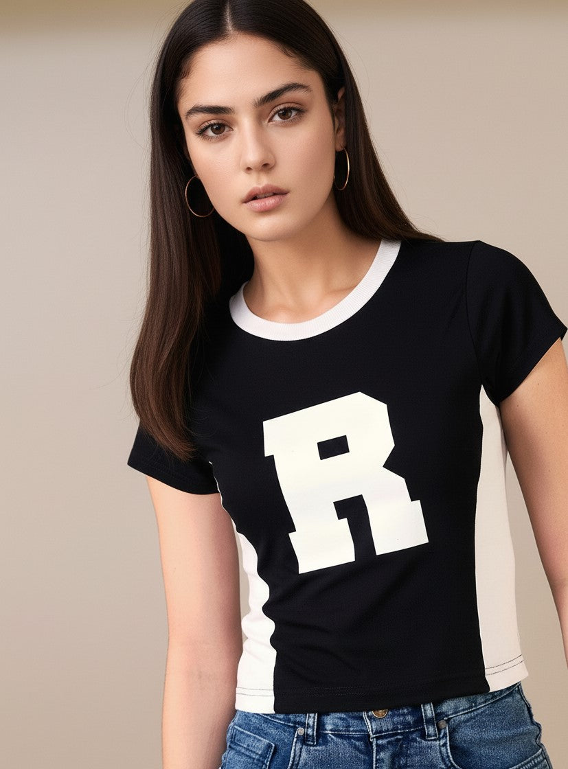 Black Short Sleeve Contrast Neck Graphic Print Tshirt