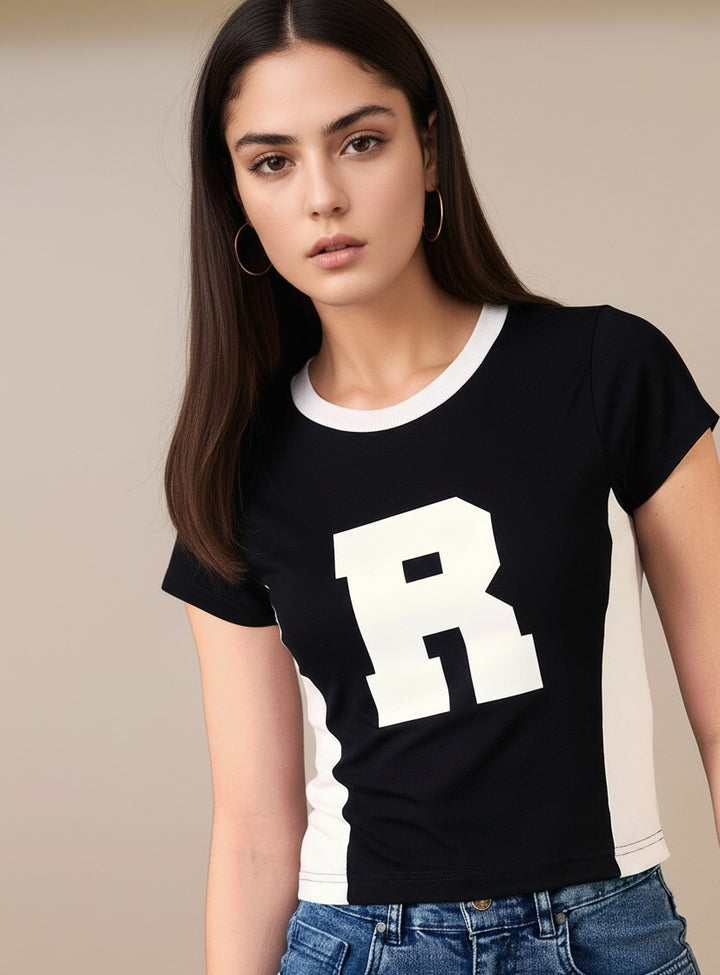 Black Short Sleeve Contrast Neck Graphic Print Tshirt