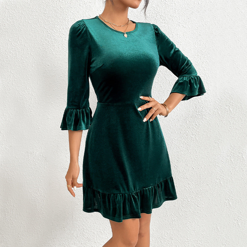 Green High Neck Velour Skater Dress