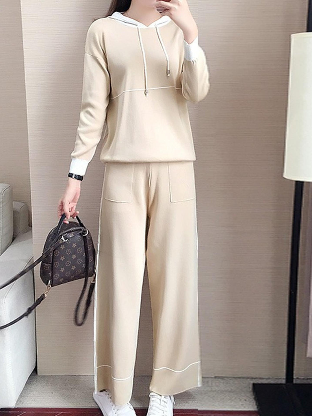 Beige Contrast Striped Hoodie Co-Ord Set