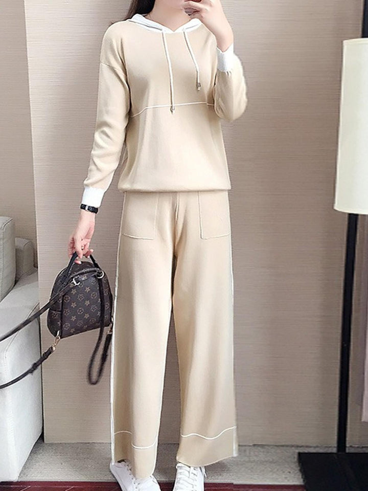 Beige Contrast Striped Hoodie Co-Ord Set