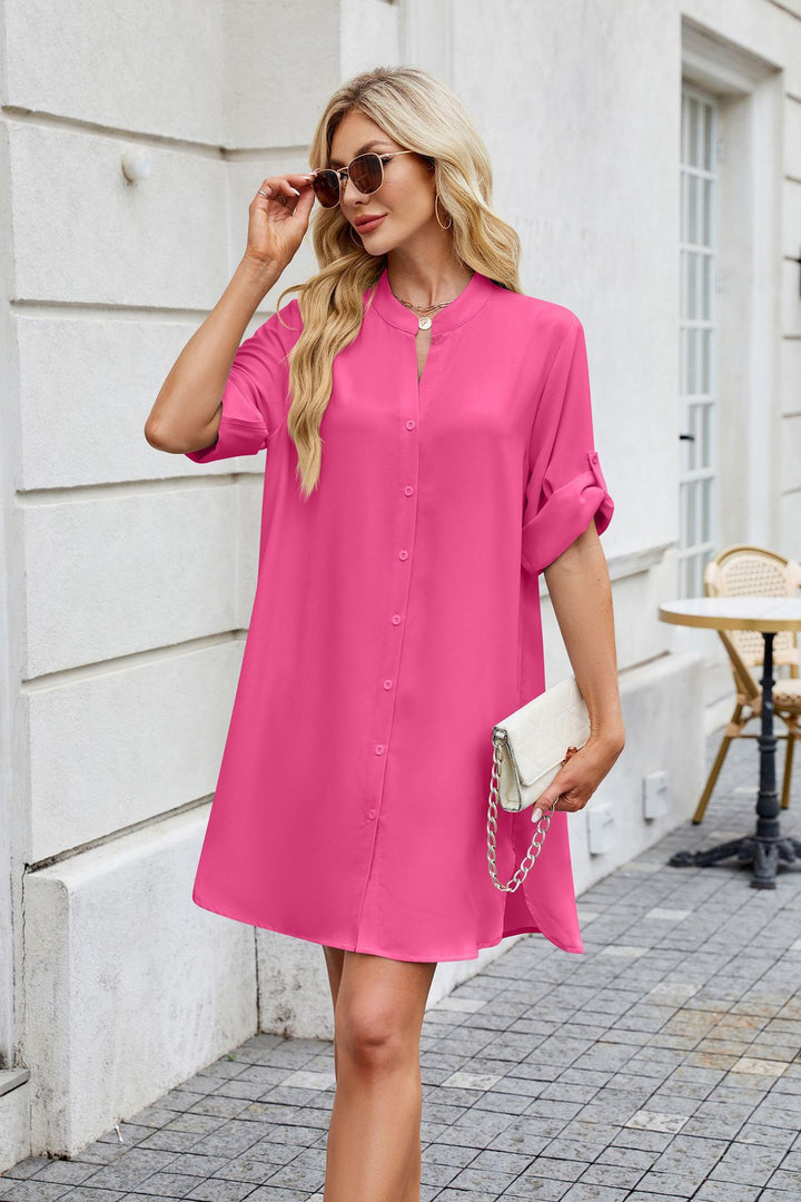 Pink Folded Sleeves Front Buttoned Dress