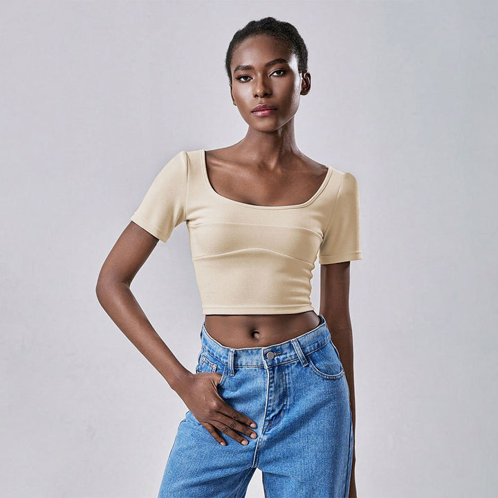 Cream Short Sleeve Round Neck Back Bow Top