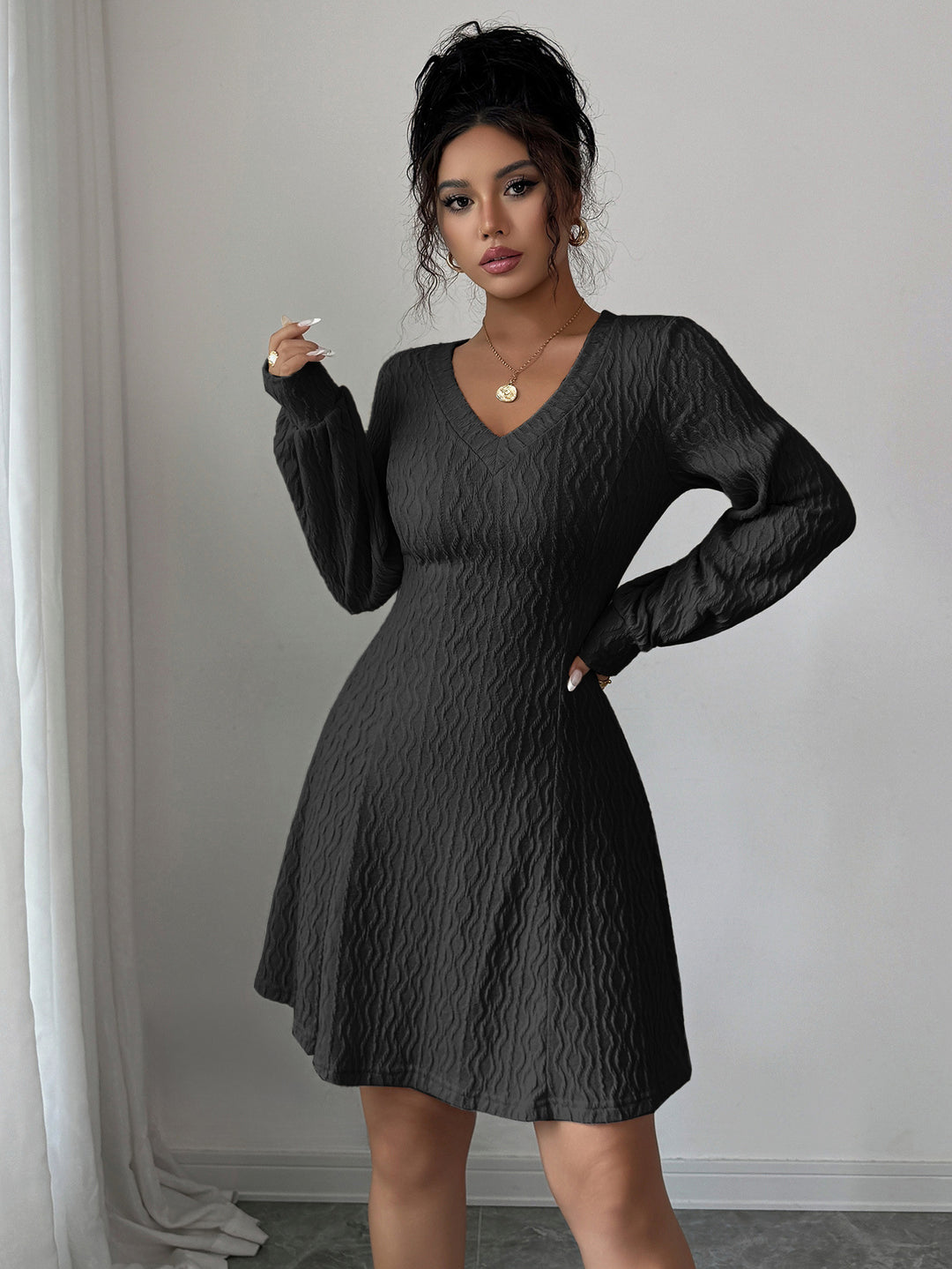 Black Textured V Neck Mini Dress