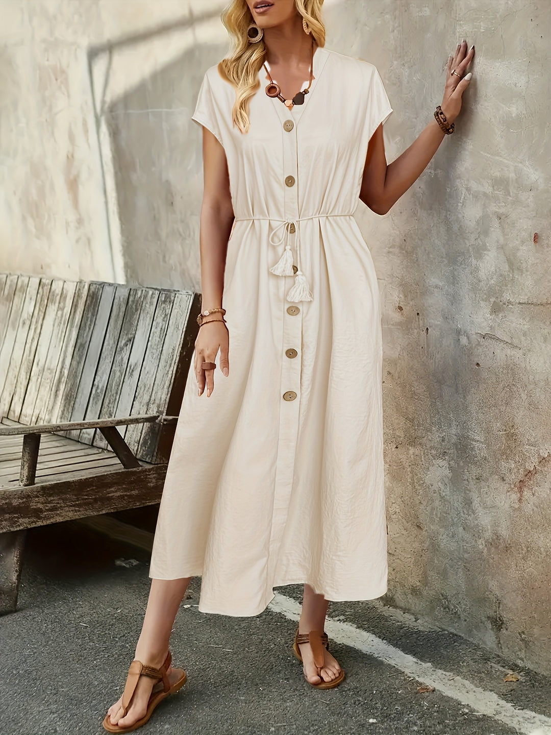 Cream Button Down Solid Shirt Dress