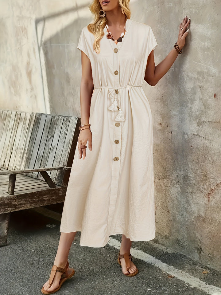 Cream Button Down Solid Shirt Dress