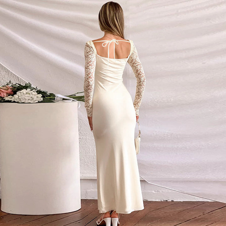 Cream Sweetheart Neckline With Lace Sleeves Dress