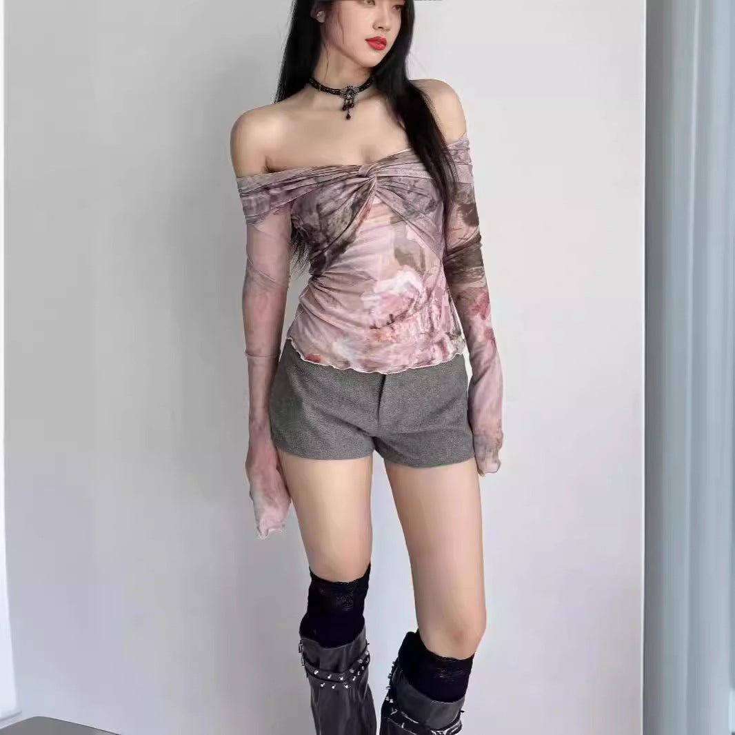 Pink Off-Shoulder Printed Full Sleeve Top