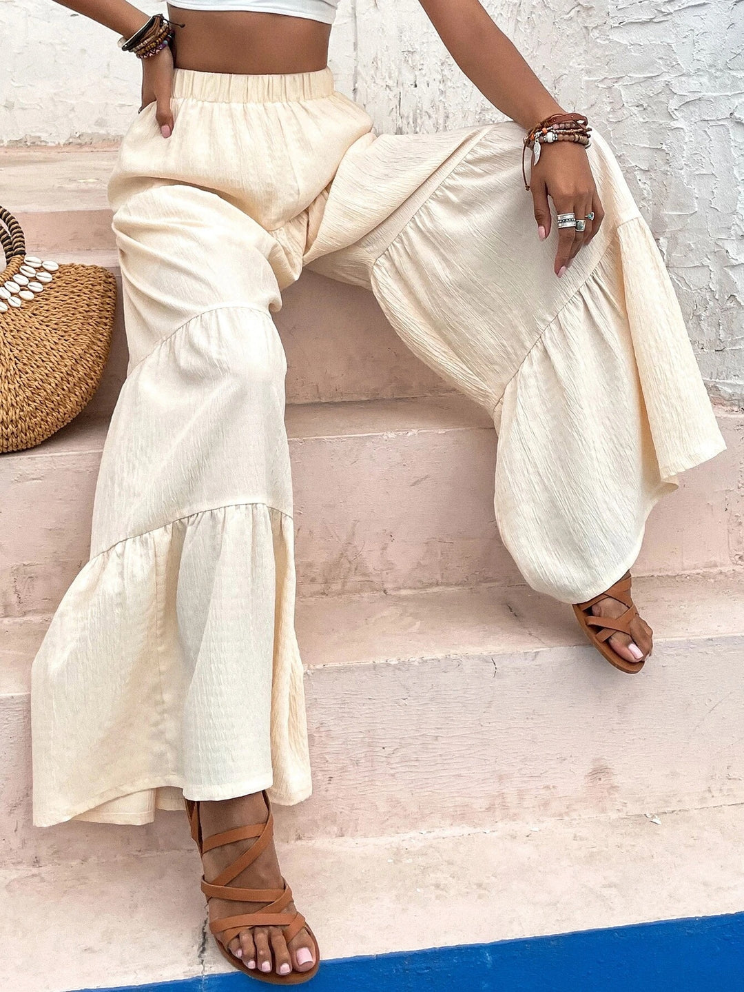 Cream Elastic Waist Tiered Pant