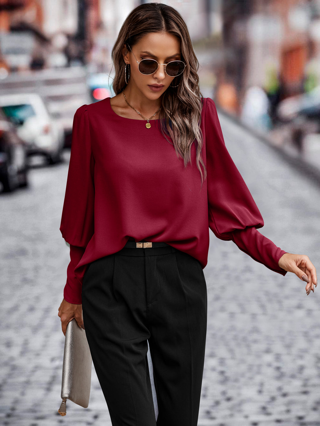 Wine Bishop Sleeve Crew Neck Top
