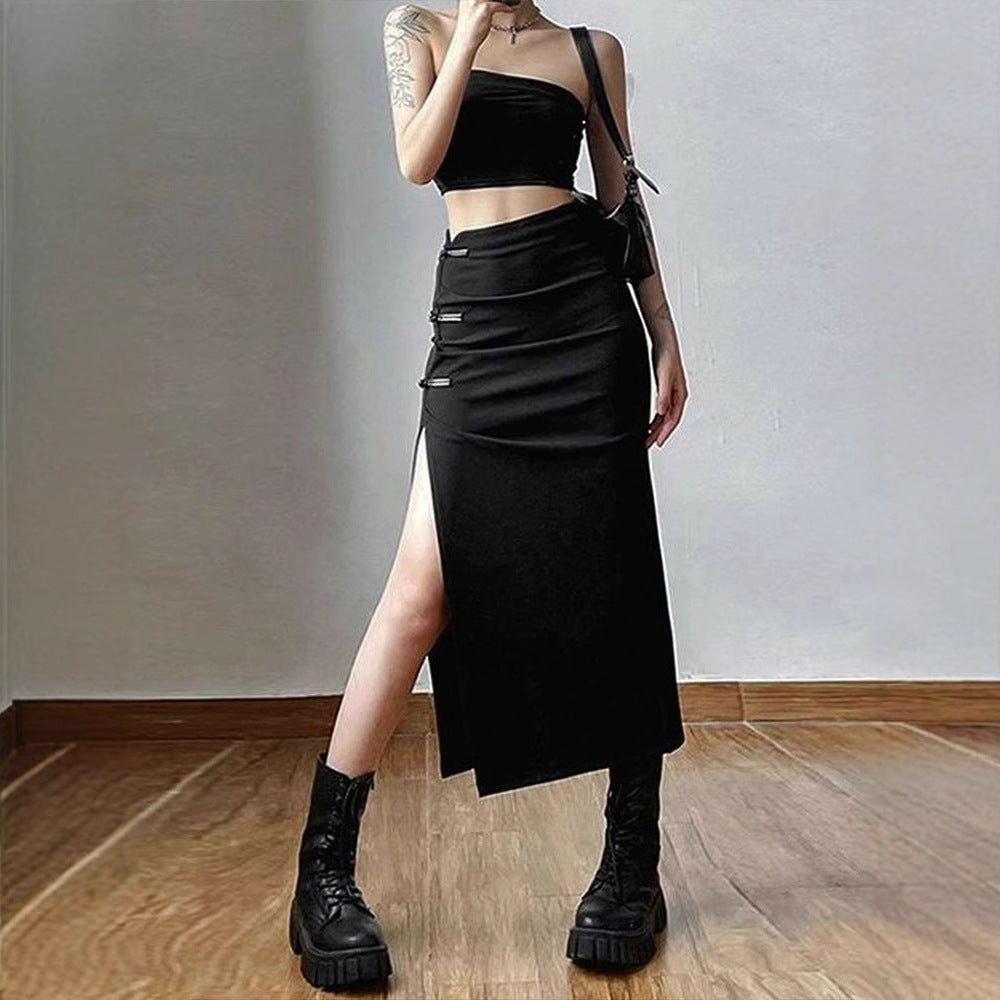Black Side Slit Pin Tuck Skirt