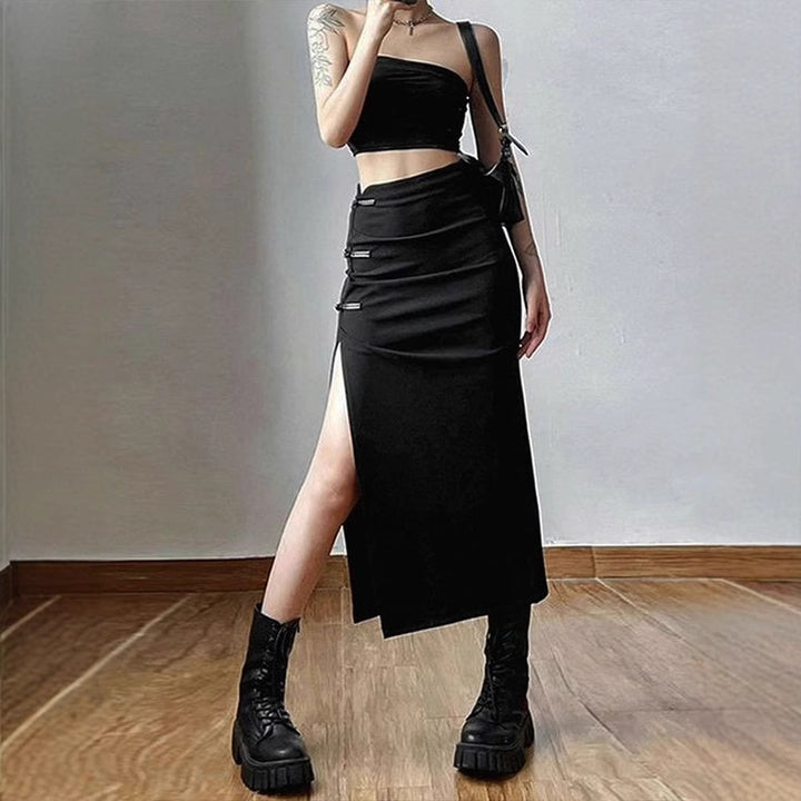 Black Side Slit Pin Tuck Skirt