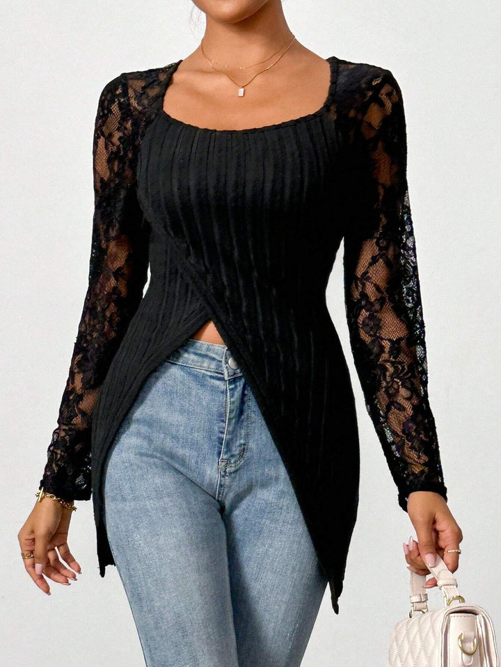 Black Full Mesh Sleeve Front V Slit Top