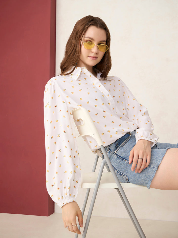 White Balloon Sleeve Printed Cropped Shirt