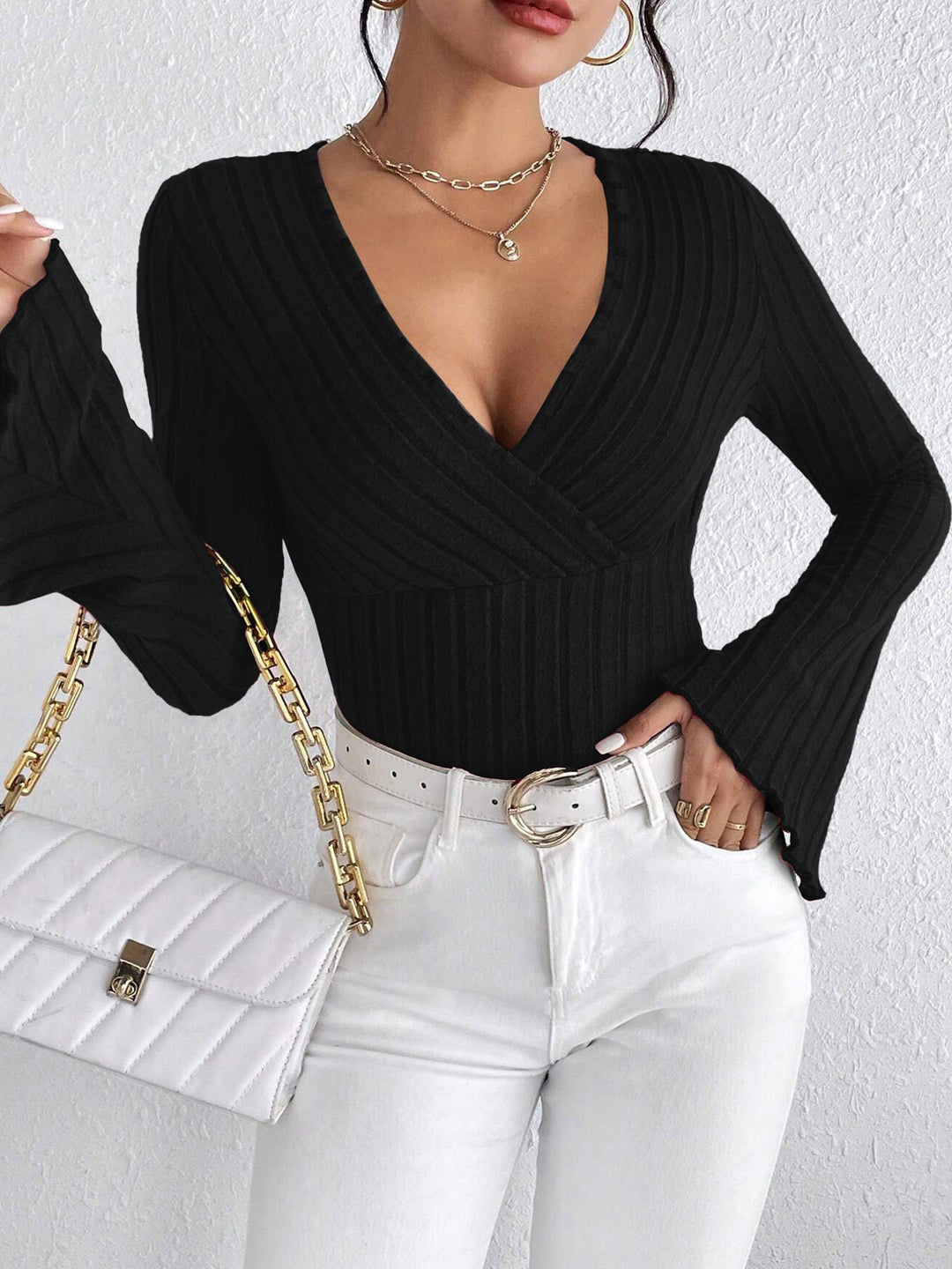 Black Plunge Neck Wrap Top