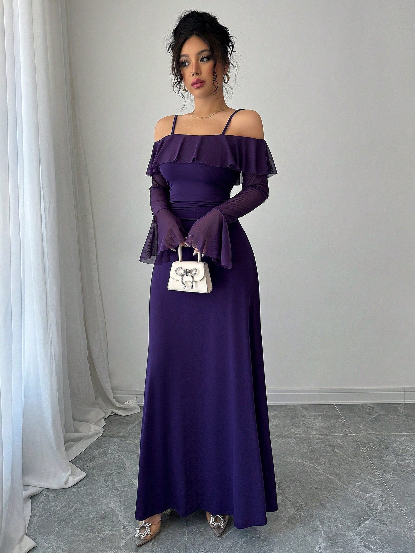 Purple Ruffle Detail Off Shoulder Dress