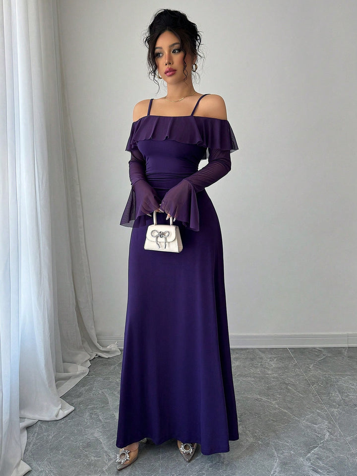 Purple Ruffle Detail Off Shoulder Dress