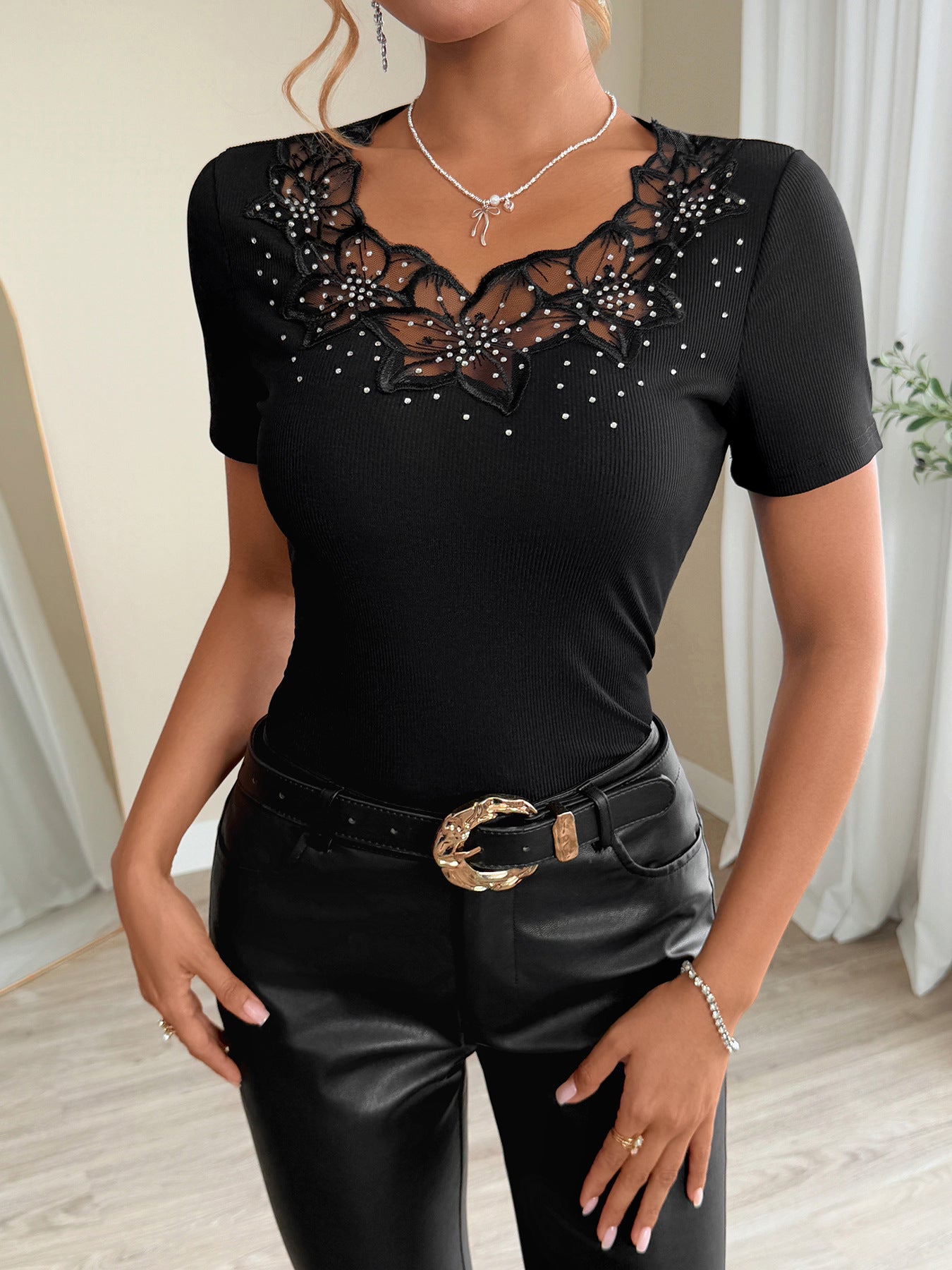 Black Short Sleeve Neck Detail Top